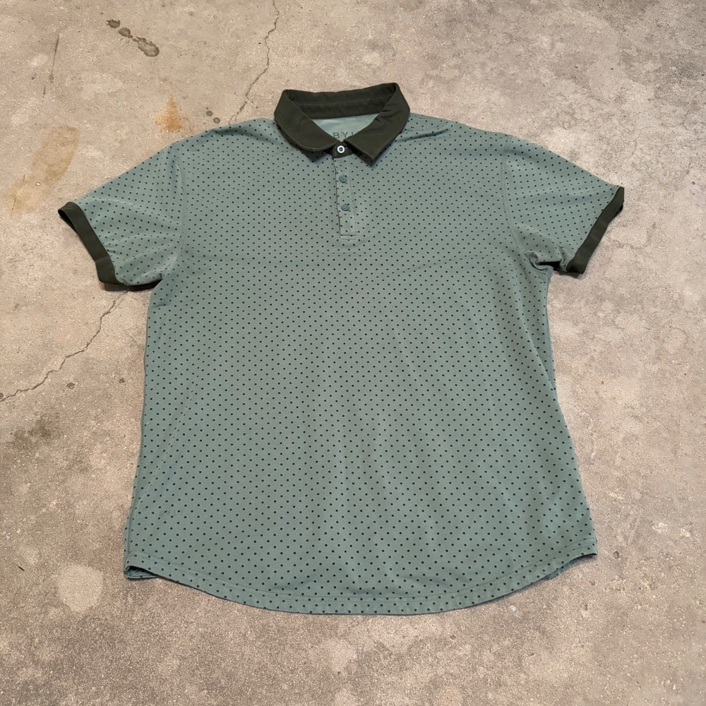 BYLT Drop Cut Polo Mens XL Green Micro Polka Dot Short Sleeve LUX Performance